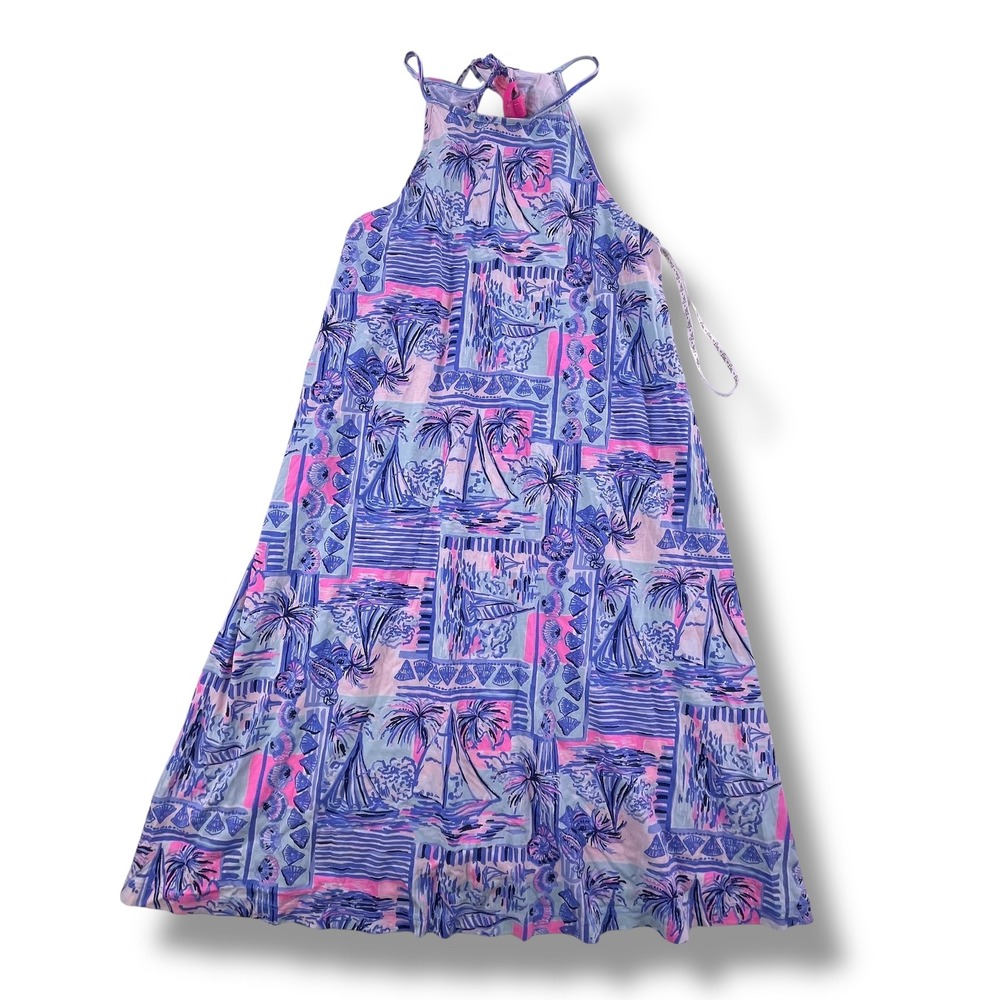 Lilly Pulitzer Blue Pink Sailboat Palm Tree Halter Tassel Dress Womens Small